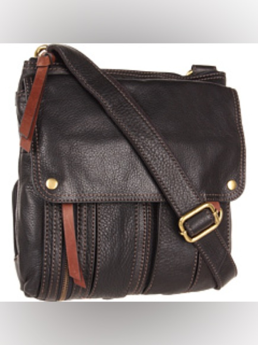 Fossil Dark Brown Leather Crossbody with Tan Accents